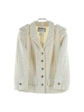 Chanel 06c CC Logo Button Wool Blend Lame Tweed Tailored Jacket White